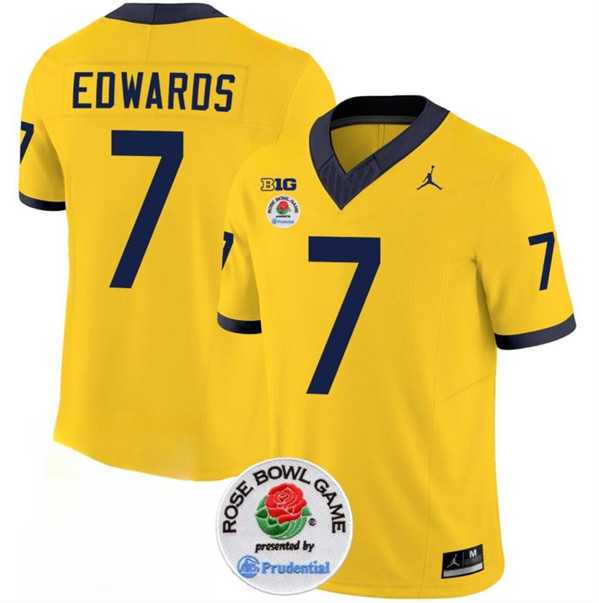 Men%27s Michigan Wolverines #7 Donovan Edwards 2023 F.U.S.E. Yellow Rose Bowl Patch Stitched Jersey Dzhi